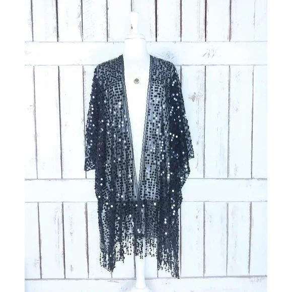Tops Sheer Black Net Round Black Sequin Fringe Tassel Kimono